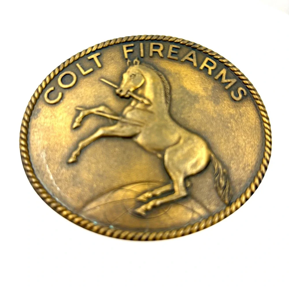 Vintage 70s Colt Firearms Brass Belt Buckle Rampant Horse Logo Sam Colt Signed